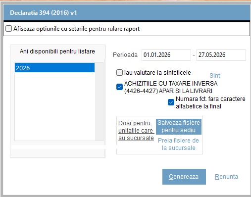 Fereastra de generare a Declaratiei 394 din modulul Contabilitate Trendix