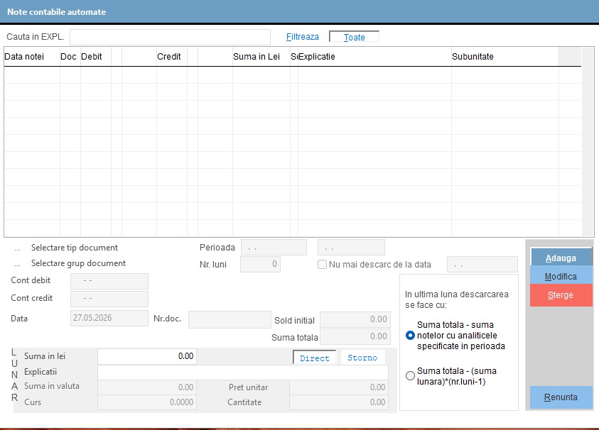 Fereastra Note contabile automate din modulul Contabilitate Trendix
