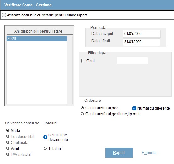Dialogul Verificare Conta-Gestiune din modulul Gestiune Trendix