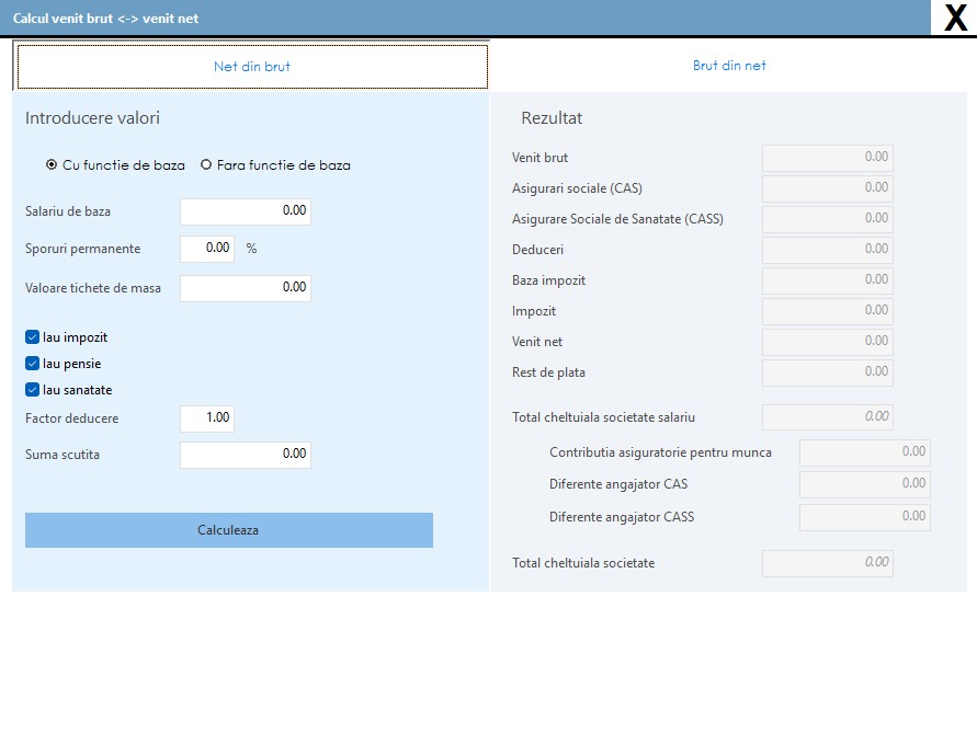 Fereastra Calcul venit brut - venit net din modulul Salarii Trendix